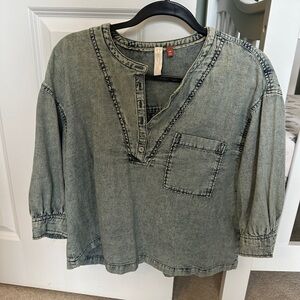 Pilcro Anthropologie Light Wash Denim Button Down Shirt with 3/4 Sleeve